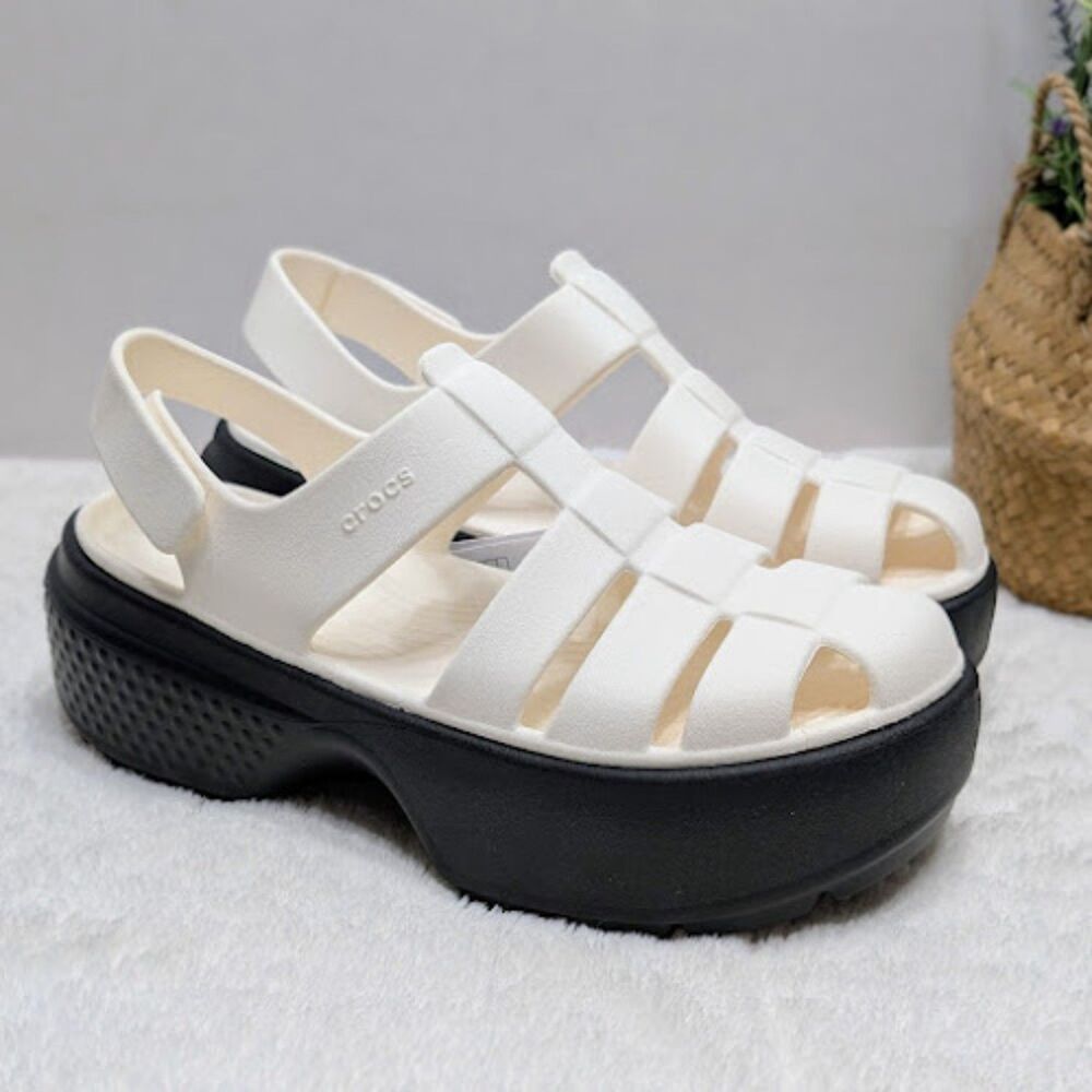 CROCS Stomp Black & White Fisherman Chunky Platform Sandals Women's 10 NWT
